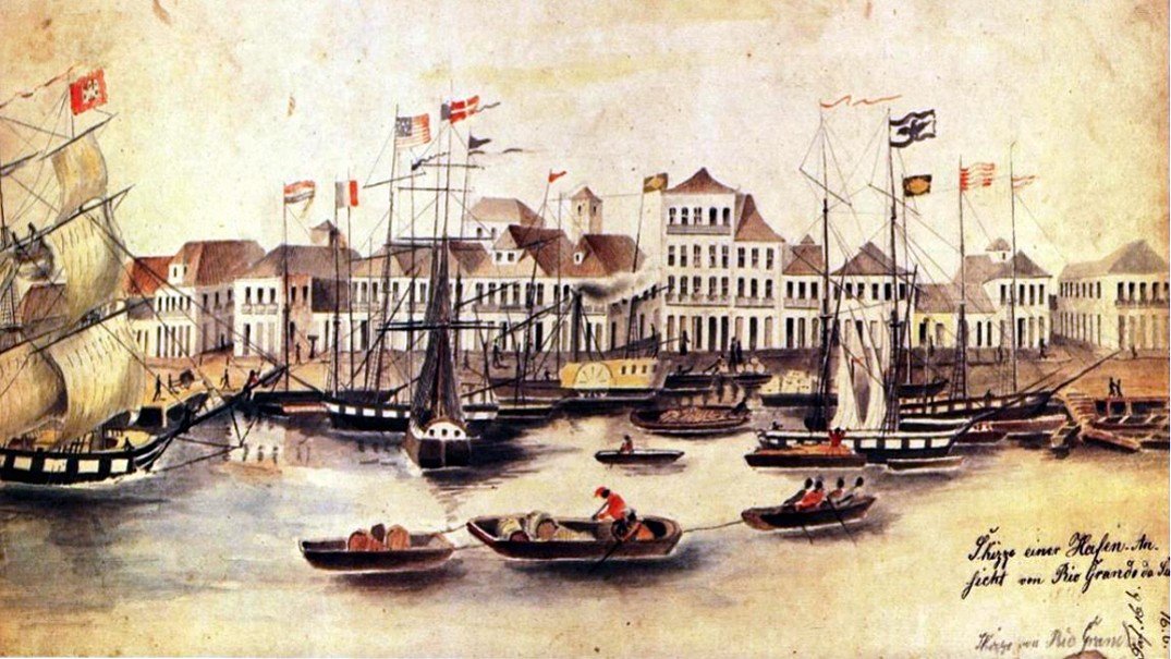 Vista do porto de Rio Grande em 1851, aquarela de Herrmann Rudolf Wendroth, ilustrando artigo Os primeiros anos da fotografia no Rio Grande do Sul.